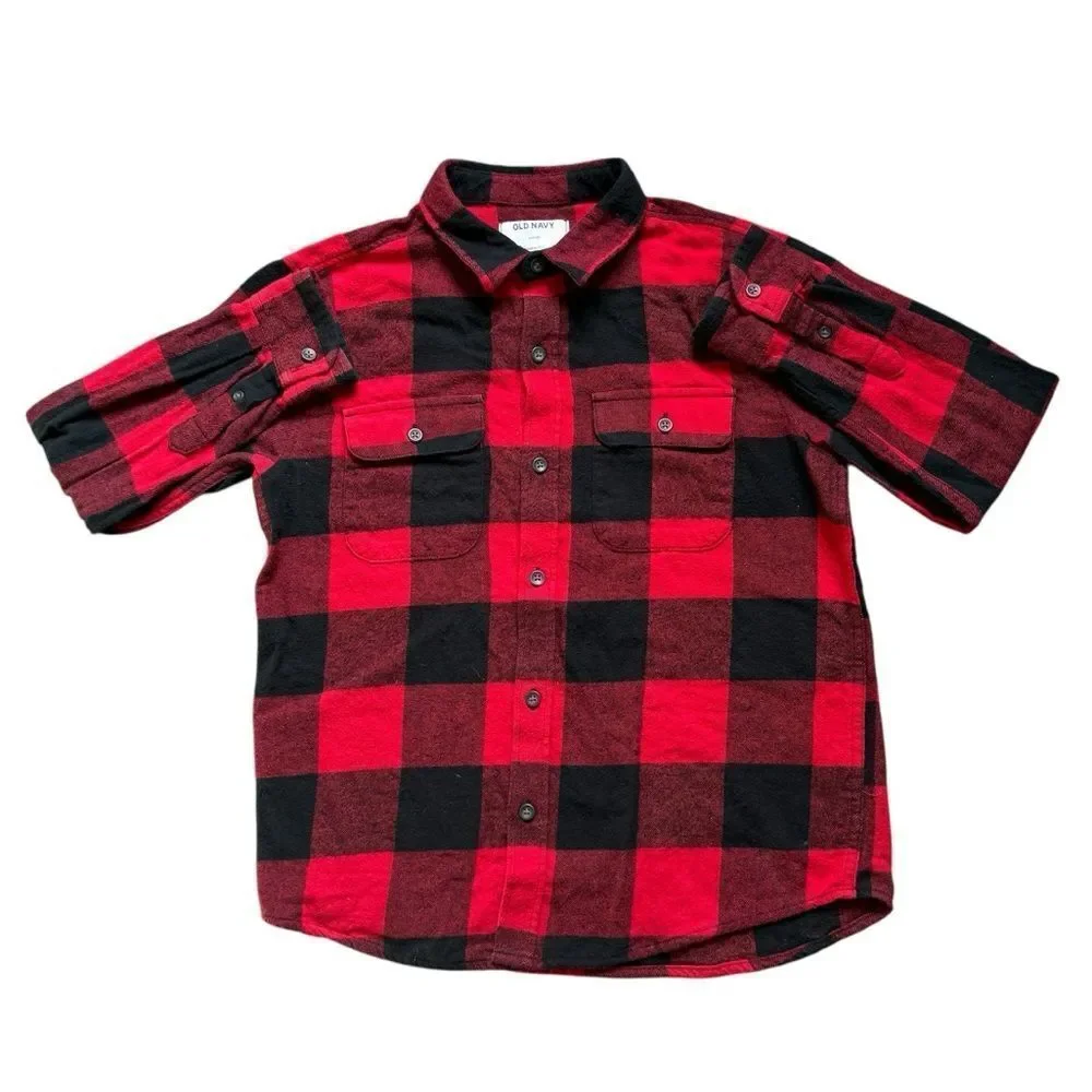 Buffalo Plaid Flannel Button Down Boys Large Red Black Pockets